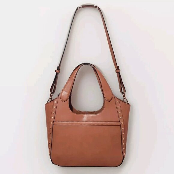 NEW Brahmin Carla Tan Nelani Medium Zig Zag Woven Leather Satchel Caramel Color - Picture 4 of 12